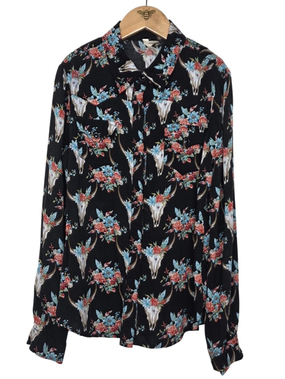 Roper Black Button-Down Shirt with Floral and Skull Print